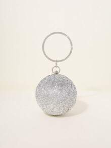 Luxury Glitter Round Evening Clutch Round Hard Frame Bag Rhinestone Ring Handle Fashionable Women's Handbag Suitable For Weddings And Evening Events - Silver - View 2