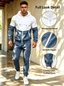 1 Set Pakaian Olahraga Pria Berkerudung Warna-warni, Jaket Berresleting dan Celana Jogger, Set Pakaian Olahraga Kasual 2 Potong - Biru - View 11
