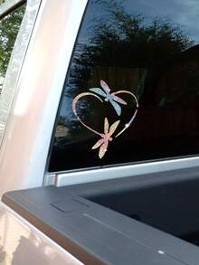 亮片蜻蜓愛心汽車車窗貼紙，優雅鏤空愛心蜻蜓圖案自黏式乙烯基貼花，時尚汽車車門與光滑車身裝飾配件 - 1pc - 查看 3