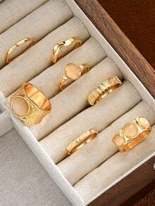 Random Style 21/13/7pcs Simple Fashion Drip Oil Sunflower Heart Flower Star Moon Multi-Element Ring Set For Women Sisters Vacation Date Gift Daily Casual Party Wedding Matching - Yellow Gold - View 4