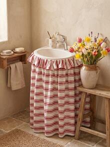 1/2pcs Beige With Red Horizontal Stripes Fabric Wash Basin Skirt, Warm Pastoral Style, Round Top With Ruffle Edge And Gathered Hem Detail, Covers Wash Basin Pipes And Decorative Beautification Function, Suitable For Warm Tone Bathroom And Cozy Home Decor Scenes - Red - View 6