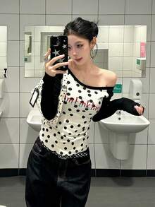 American Style Hot Girl Polka Dot Contrast Color Cold Shoulder Long Sleeve T-Shirt Women's Autumn Slim Fit Cold Shoulder Base Layer Top Black - Black - View 4