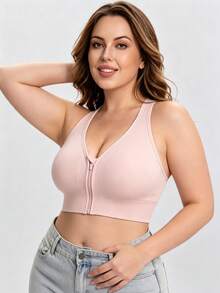 Women's Plus Size Sports Bra Pink Lingerie Front Zipper Criss-Cross Strap Bra - Pink - View 3