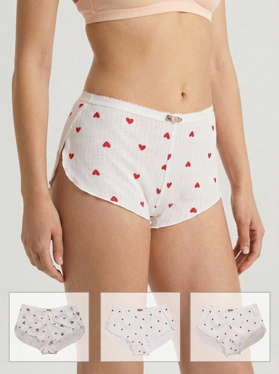 Aesletic 3pcs Celana Pendek Wanita Motif Bunga Manis Romantis dengan Hiasan Ruffle, Celana Apollo Belah - MultiWarna - View 1