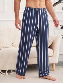 Men's Summer Casual Striped Lounge Pants - Navy Blue - View 2