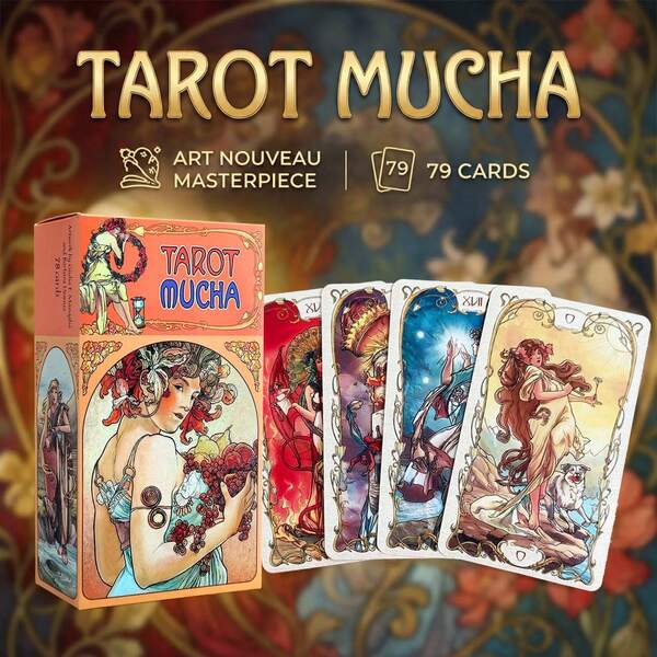 79pcs Mucha Dream Tarot Card Set, Artistic Modern Style Divination Cards With Vintage Astrology Symbol Theme, Beginner Divination Game Gift