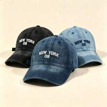 1pc NEW YORK 08 Letter Embroidered Denim Baseball Cap Washed Adjustable Soft Brim Casual Sun Hat Unisex Outdoor Sports Cap - Multicolor - View 3