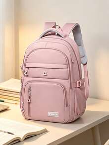 Men's Versatile Solid Color Casual Backpack, Stylish Large Capacity College Style Waterproof And Durable High School Student Bag - Multicolor - View 2