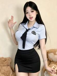 1件性感制服角色扮演套裝，適合節日派對、表演、COSPLAY，包含上衣與裙子 - 彩色 - 查看 2
