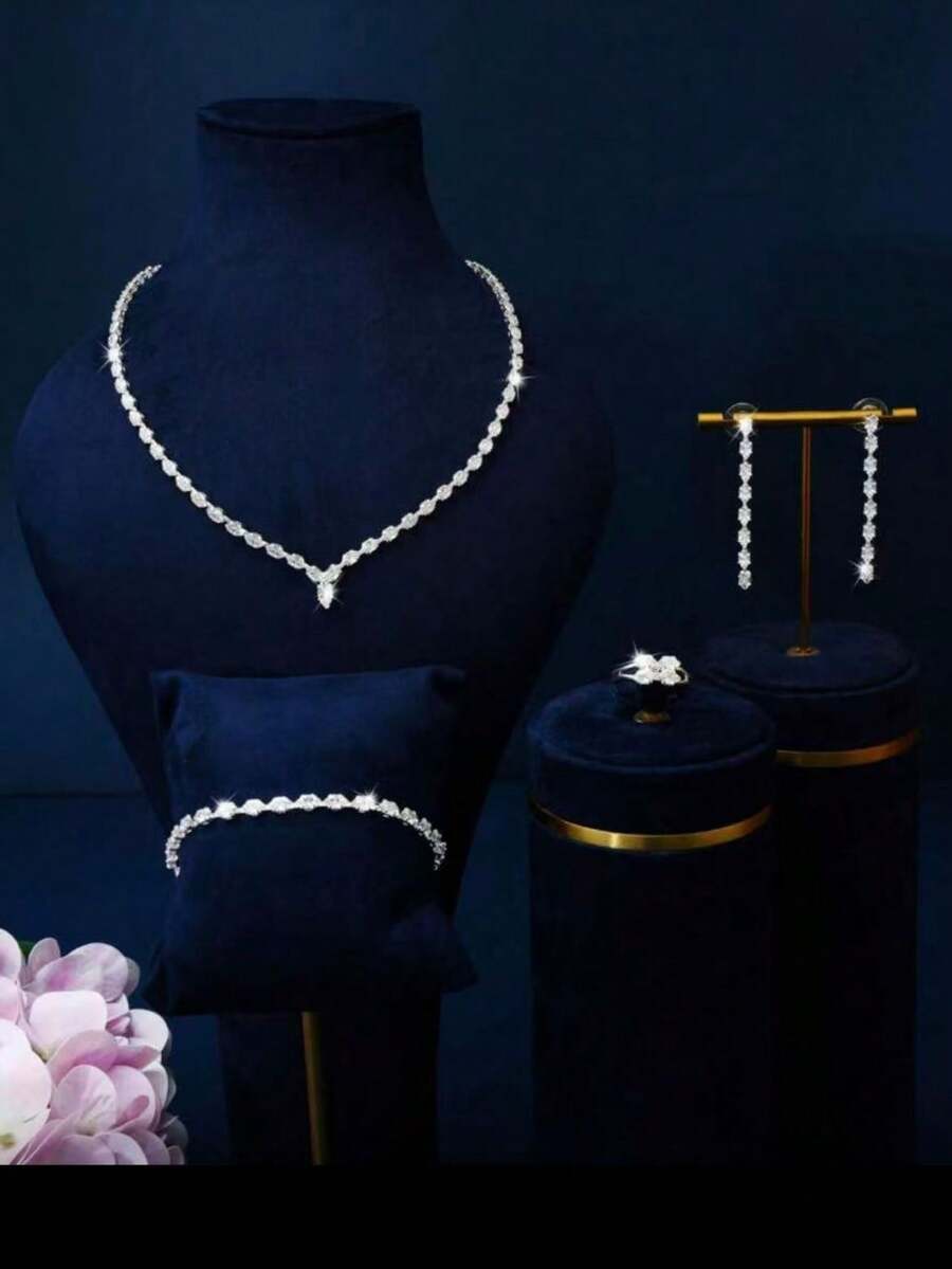 4pcs/Set Fashionable Glamorous Rhinestone Necklace Set, Bridal Wedding Banquet Dress Jewelry Accessories For Women - Silver - View 1
