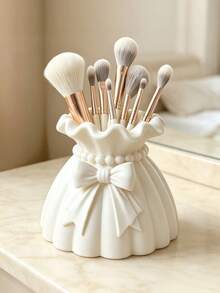 1/2pcs Elegant Bowknot Beaded Makeup Brush Holder, Ruffled Wavy Rim Cosmetic Storage Bucket, Multi-Functional Desktop Makeup Organizer, Ideal Gift For Women Home Decor - Multicolor - View 3
