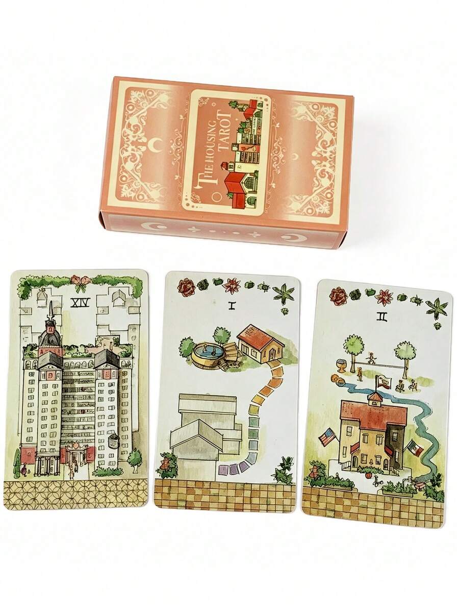 1 Box The Housing Tarot 78 Cards , Urban Architecture Fortune Telling Set, Creative Gift For Adults,Attract Players Who Like Unique Art Styles.
