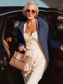 Giolshon 女款極簡連帽加厚棉襖外套，附口袋，秋冬保暖羽絨夾克 - 藏蓝色 - 查看 1