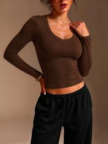 XLLAIS Women's Pure Cotton T-Shirt, Sexy V-Neck, Elastic Fabric, Brown Casual Long Sleeve Top For Autumn/Winter - Brown - View 6