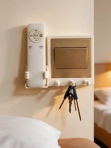 1pc Self-Adhesive Remote Control Holder With Key Hook, Cute Wall-Mounted Storage Box Next To Light Switch, Suitable For Home Organization - White - View 1