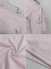 Pink Striped Asymmetrical Shoulder Long Sleeve T-Shirt Women Spring Autumn Fitted Base Layer Top With Tie Design - Pink - View 8