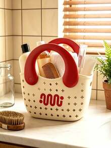 1pcModern Simple Plastic Shower Caddy, Curved Bucket Shape With Dual Handles, Hollow Perforated Design And Contrast Letter Print, Portable Bath Storage Basket For Toiletries, Suitable For Bathroom, Dormitory And Swimming Pool - Multicolor - View 2