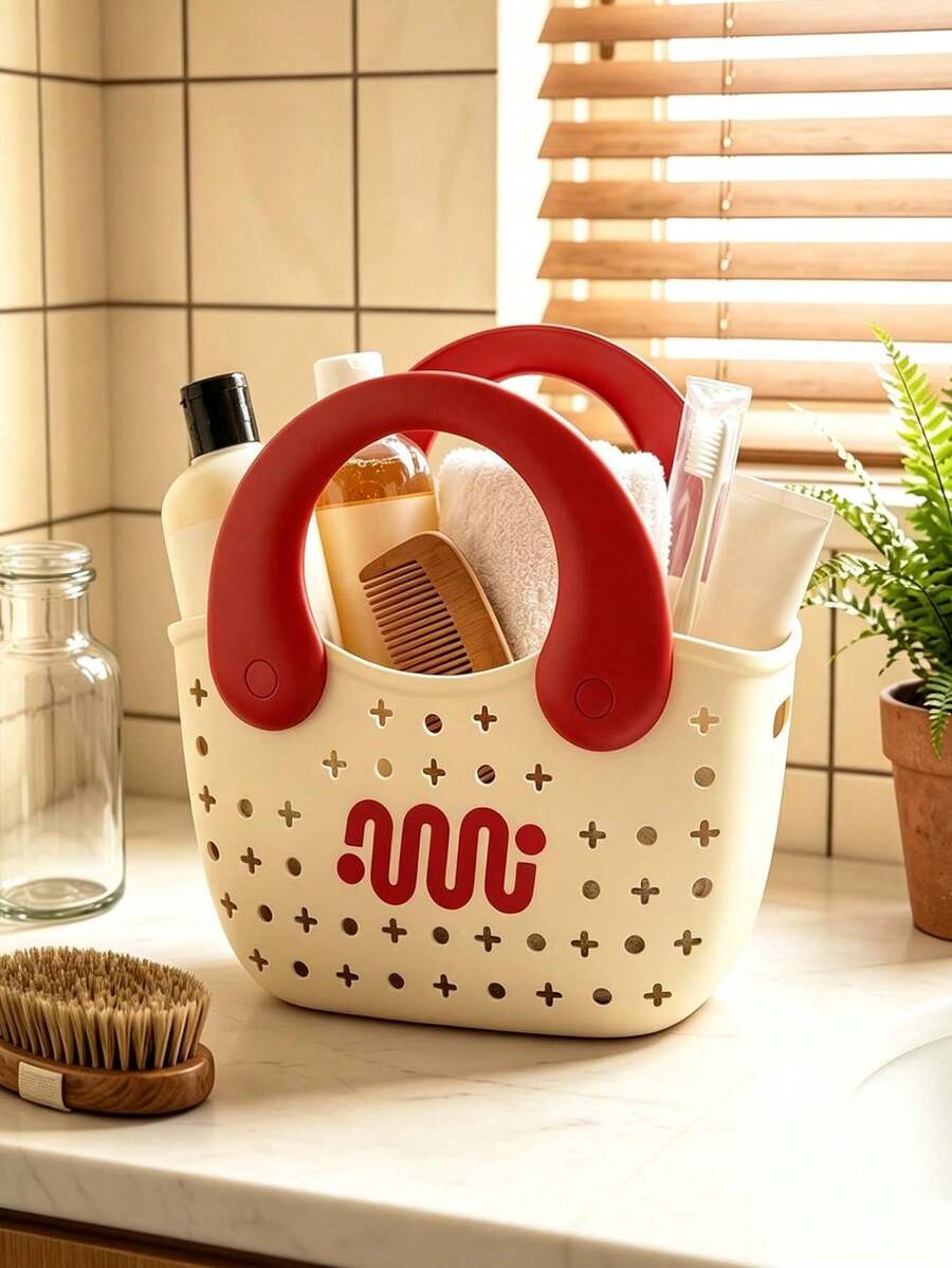 1pcModern Simple Plastic Shower Caddy, Curved Bucket Shape With Dual Handles, Hollow Perforated Design And Contrast Letter Print, Portable Bath Storage Basket For Toiletries, Suitable For Bathroom, Dormitory And Swimming Pool