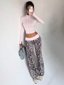 Women 2 Pieces Tracksuit,Zip Up Long Sleeve Crop Jacket & Fold Waist Leopard Flared Pants,Soft Knit For Spring,Athleisure,Gym - Pink - View 2