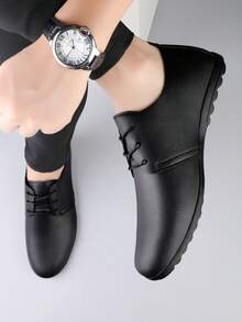 Men's Black Commuter Microfiber Leather Lace-Up Loafers, Outdoor Spring/Autumn, Non-Slip, Wear-Resistant - Black - View 2