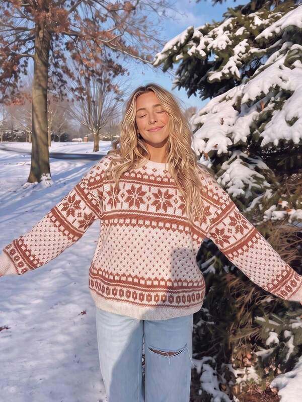 Women's Knitted Fair Isle Print Long Sleeve Pullover Top, Regular Length High Elastic Fabric Top, Autumn/Winter Retro Fair Isle Pattern Crew Neck Sweatshirt, Women's Snowflake Pattern Loose Long Sleeve Casual Daily Pullover, Fall Clothes For Women, Going Out Tops Women, Sweaters For Women N