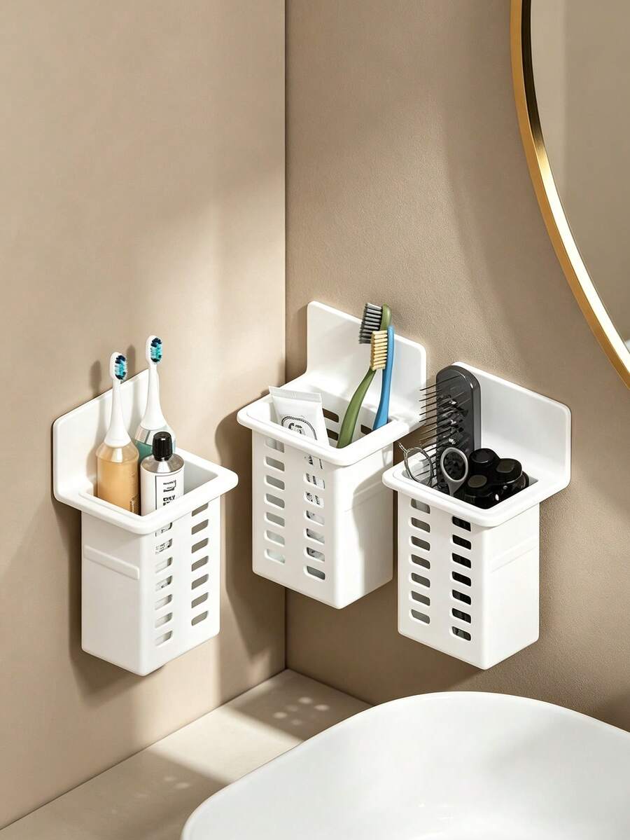 1pc Multi-Function Dual-Use Hollow Drainage Storage Cup, Countertop And Wall-Mount Universal, Toothbrush And Toothpaste Holder, Wall-Mounted Bathroom Comb And Razor Storage Rack, Drill-Free Bathroom Shelf, Kitchen Utensil Storage Rack, Stationery Pen Holder - Multicolor - View 1