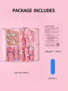 Sanrio Hello Kitty 96pcs(4mixed) Short Square Leopard Print & Cow Print French Press On Nail With Cute Hello Kitty,Bow And Rhinestones Design,Fit False Nail Set,Including 1 Jelly Gule And 1 Nail File, For Women Girls Daily Party And Gathering Use - Multicolor - View 5