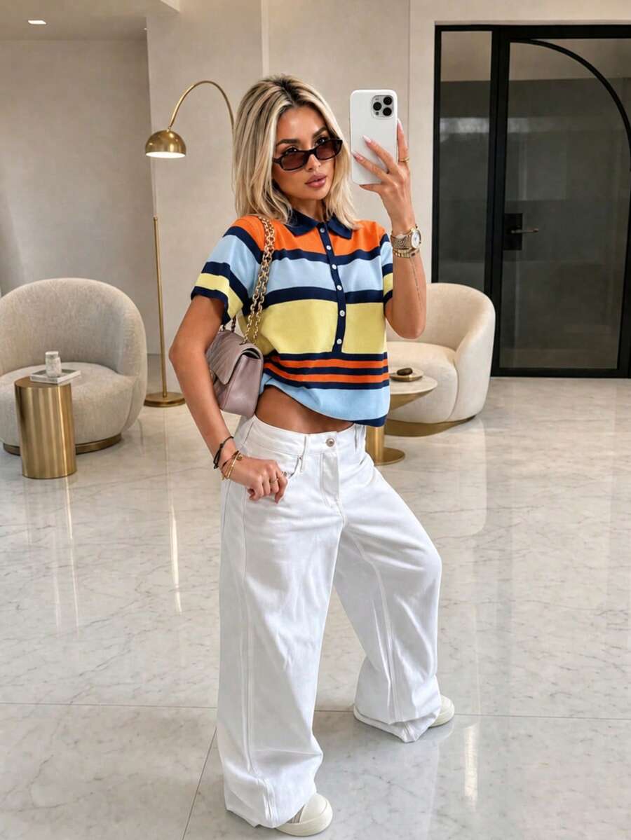 FOR BEAUTY Summer Y2K Women's Multi-Color Striped Knit Polo Top, Short Sleeve Front Button Ribbed Pullover, Preppy Casual Streetwear Style, Daily Wear - Orange and Blue - View 1