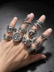 11pcs/Set Unisex Vintage Punk Gothic Skull Geometric Bat Crown Ring Set, Personalized Hip-Hop Style Party Gift Daily Jewelry Accessories - 11-piece Vintage Punk Ring Set - View 3