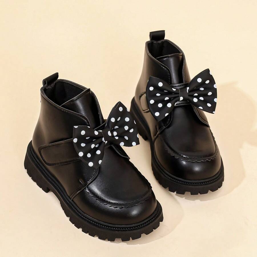 1 Pair Girls' Ankle Boots, Cute Polka Dot Bow Decor, Scalloped Edge Stitching, Hook And Loop Strap, Thick Textured Sole, Children's Boots, Suitable For Autumn/Winter, Daily, School, Party, Holiday Performance - Black - View 1