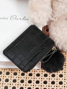 Minimally Designed Stone Patterned Card Bag, Zippered With A Pom Pom Charm, Credit Card Storage Bag, Women's Card Bag - Black - View 6