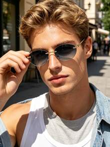 1 PC Men's Rimless Oval Fashion Glasses Lightweight Frame Soft Tinted Lens Metal Temples Retro Chic For Street Outdoor With Glasses Box - Multicolor - View 1