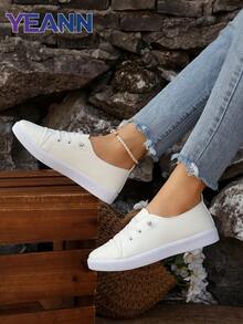 Sepatu Sneakers Wanita Terbaru Musim Semi/Gugur, Nyaman, Ringan, Serbaguna, Bertali, Ujung Bulat, Bahan Kain Putih - Putih - View 3