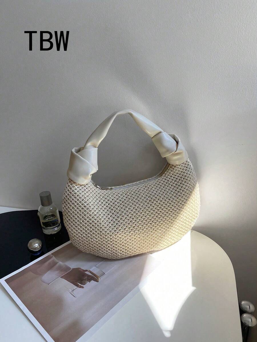 Women's Crescent-Shaped Handbag, Apricot Color, Double-Knot Design, Made Of Woven Straw And PU Material, Lightweight And Fashionable Minimalist, Suitable For Outings, Summer, Woven Bag - Apricot - View 1