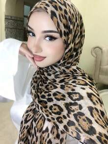 1pc Women's Bohemian Style Fashion Leopard Print Headscarf, Street Versatile Soft Breathable Scarf Windproof Shawl, Suitable For Daily Wear - Khaki - View 3