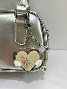 1Pc Korean Ancient Love Small Wing Mirror, Bag Hanging Ins Style Note Guitar Pendant Keychain, Y2K Portable Heart Shaped Small Mirror Key Chain - Multicolor - View 9