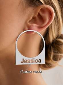 70mm Round Hoop Earrings For Women, Customized Name Hoop, Fashion Personalized Bohemian Style Stainless Steel Gold Cursive Letter Handmade Oversized Exaggerated Hoop Earrings, Party Jewelry, Birthday Holiday Gift For Her, Christmas Gift - Silver-style 1 - View 1