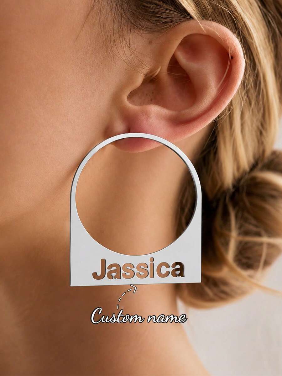 70mm Round Hoop Earrings For Women, Customized Name Hoop, Fashion Personalized Bohemian Style Stainless Steel Gold Cursive Letter Handmade Oversized Exaggerated Hoop Earrings, Party Jewelry, Birthday Holiday Gift For Her, Christmas Gift - Silver-style 1 - View 1