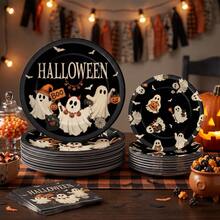 10/20/40pcs Vintage Boo Ghost Disposable Paper Plates, Black Background With Cute Ghost, Pumpkin And Bat Prints, 7 Inch And 9 Inch Dinner Plates, Spooky Autumn Halloween Tableware, Suitable For Halloween Party, Trick Or Treat, Autumn Gathering And Spooky Dessert Table Decoration - Ghost Edition - View 3