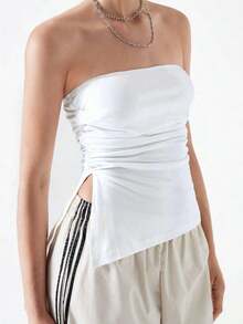 Top strapless asimétrico, 2 piezas Blanco y Negro, chic, fashion, con aberturas en los costados, básico, elegante, casual, uso diario, ideal para tí. - Negro y Blanco - Ver 2