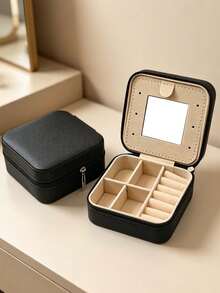 1pc Solid Color Zipper Jewelry Box, Portable Storage Box With Mirror, Large Capacity Jewelry Box, Travel Jewelry Zipper Box, Jewelry Box, Suitable For Earrings, Necklaces, Rings And More - Multicolor - View 13