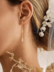 Women's Elegant Long Linear Dangle Earrings, Sparkling CZ Pave Pendant Earrings, Long Chain Earrings, Suitable For Wedding, Party, Date, Daily Wear, Gift - Gold - View 6