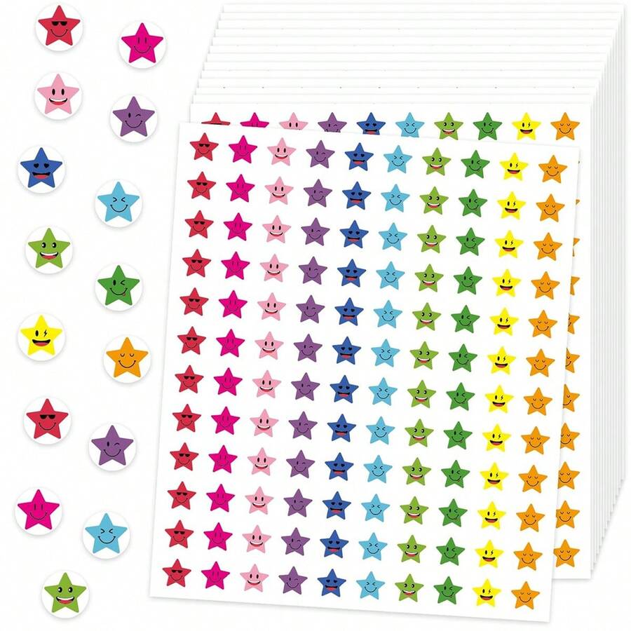 1200pcs/10sheets Colorful Smiling Face Star Reward Stickers, Vibrant Colors, Small Round Stickers, Easy To Peel And Stick, Suitable For Classroom Teaching Rewards, Growth Tracking, Planner Marking, Gift Wrapping Decoration, Handmade DIY Crafts, Party Activities And More - Multicolor - View 1