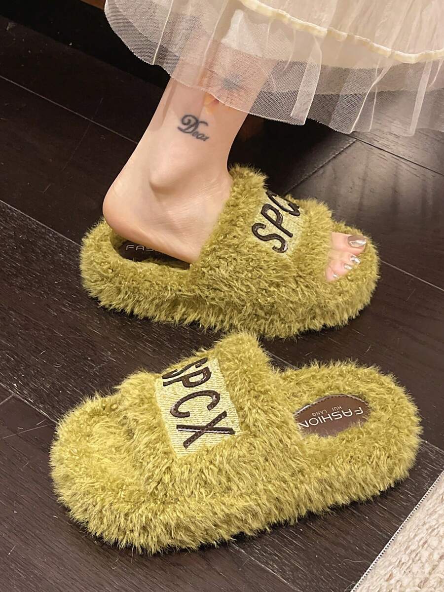 女款字母刺繡露趾毛絨一腳蹬拖鞋 - 綠色 - 查看 1