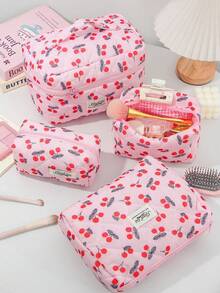Cute Cherry Pattern Makeup Bag Large Capacity Quilted Makeup Bag Portable Handheld Toilet Bag Checkered Printing Inner Design Makeup Brush Storage - Multicolor - View 8