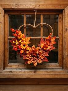 1pc Autumn Maple Leaf Wreath, Decorated With Artificial Berries And Sunflowers, Adorned With Heart Shape, Perfect For Decorating Bedroom, Window, Entrance And Wall, Creating Harvest And Thanksgiving Atmosphere - Multicolor - View 2