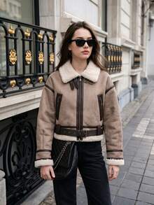 Women Retro Loose Spliced Faux Leather Soft Fur Short Jacket Winter Female Zipper Belt Coat Vintage Outwear - Khaki - View 8