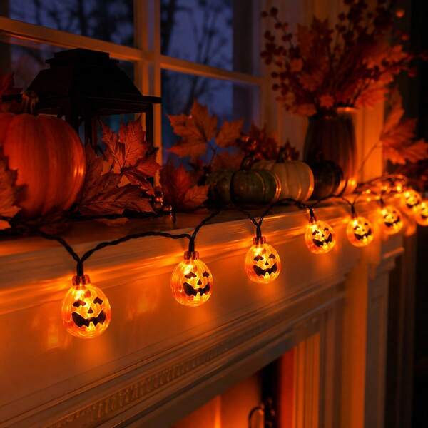 1件 6米 40 LED 萬聖節恐怖氛圍南瓜燈串燈 Jack-O-Lantern 電池供電燈，適用於露營、泳池、萬聖節派對、公園、鬼屋、壁爐、樹木、桌面裝飾