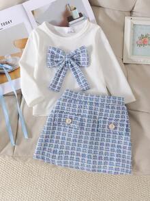 2pcs Set Baby Girl Exquisite Princess Cream White Ribbed Corduroy Long Sleeve Bodysuit & Matching Plaid Tweed Big Bow A-Line Mini Skirt Outfit, Spring Autumn Travel Photo Shoot Sweet Little Princess Style - Dusty Blue - View 2