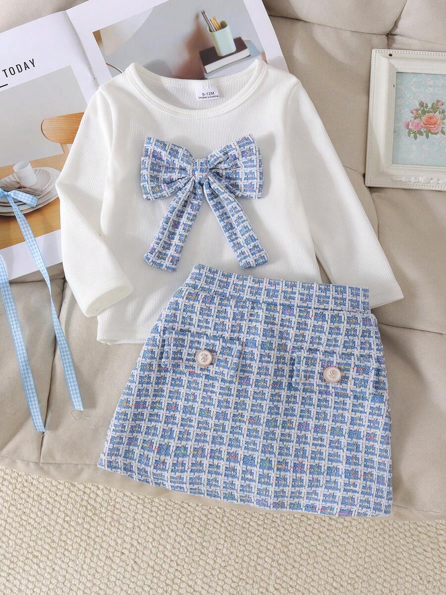 2pcs Set Baby Girl Exquisite Princess Cream White Ribbed Corduroy Long Sleeve Bodysuit & Matching Plaid Tweed Big Bow A-Line Mini Skirt Outfit, Spring Autumn Travel Photo Shoot Sweet Little Princess Style - Dusty Blue - View 1